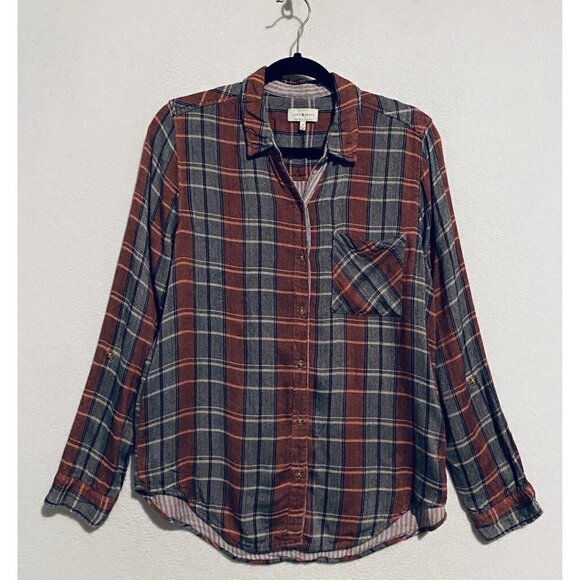 Lucky Brand Top Womens Medium Red Gray Plaid Button Up Long Sleeve Boho Comfy - Picture 2 of 11